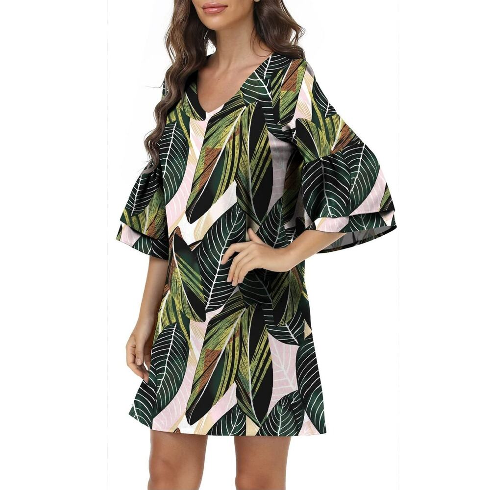 Belongsci Leaves of Palm Bell Sleeve Shift Dress, Size XXL, EUC